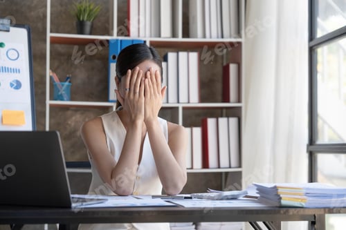 Preview: Young Business Asian women are stressed while working on laptop, Tired asian businesswoman with