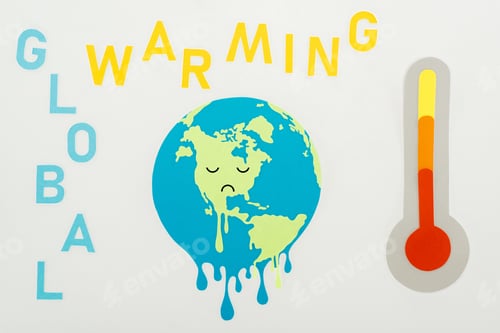 Preview: paper cut melting globe with sad face expression,"global warming" lettering, and thermometer with