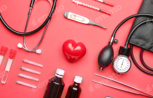 Preview: Medical Equipment On Red Background, Healthcare Still Life
