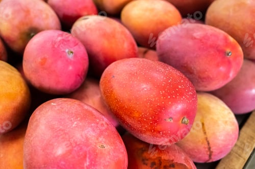 Preview: Stacks Of Mango Fruits In Vivid Red Color At Traditional Marketplace, Taiwan