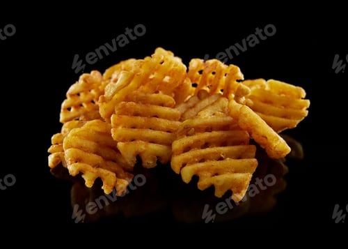 Preview: Appetizing French fries in shape of waffle placed on clean surface isolated on black background