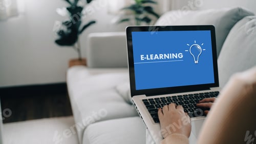 Preview: E learning Student girl online training at home.