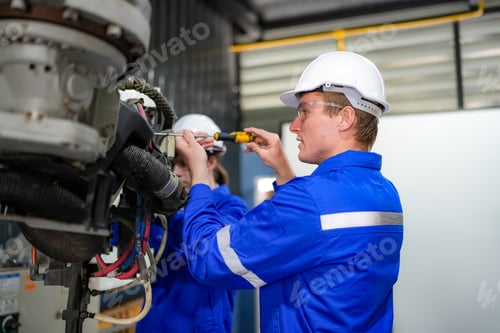 Preview: Indusrtial Robot, Engineers inspecting and check up welding robots at factory.