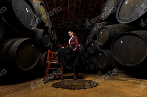 Preview: Young woman venenciador with venencia standing with foot on chair in cellar