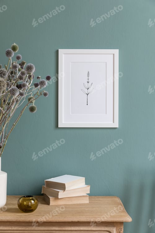 Preview: Stylish and creative composition of modern living room interior design with mock up poster.