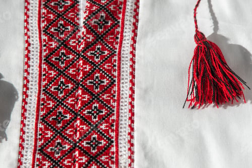 Preview: Ukrainian clothes embroidered shirt. Red orange and black threads background. Vyshyvanka is a symbol