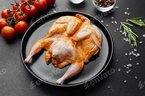 Preview: Marinated quail on black plate with tomatoes, herbs and spices on dark background