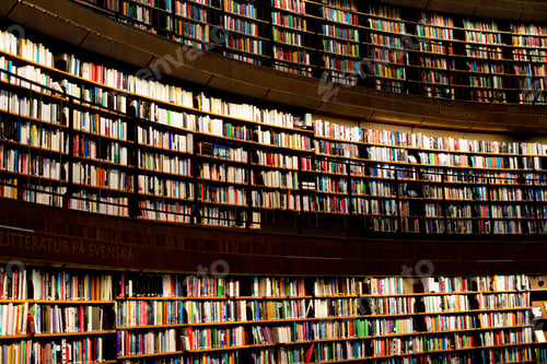 Preview: Library interior featuring a wall of bookshelves filled with various books. Stockholm