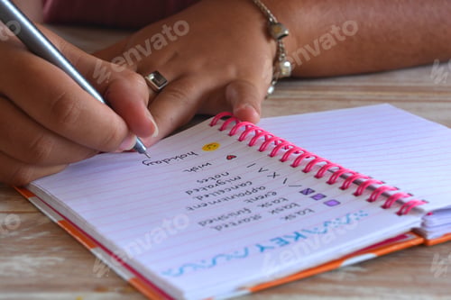 Preview: Bullet journal open to key bullet points, with hand holding pen, focus on nib and the word holidays