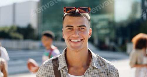 Preview: Happy, student and portrait of man in city with books for travel to university, college and school