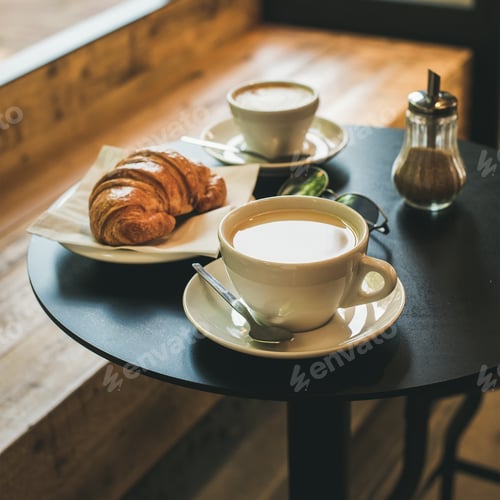 Preview: Coffee latte, cappuccino and croissant on table , square crop