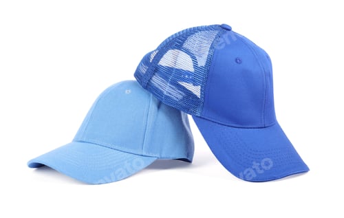 Preview: Blue baseball caps isolated on white. Mockup for design