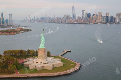 Preview: Drone view of the Statue of Liberty on Liberty Island in New York Harbor, New York City, USA