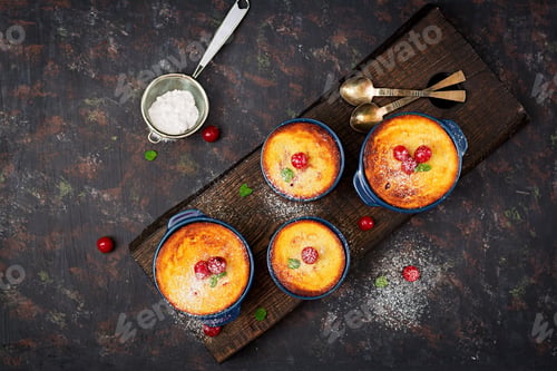 Preview: Cottage cheese casserole with cherries. Flat lay. Top view.