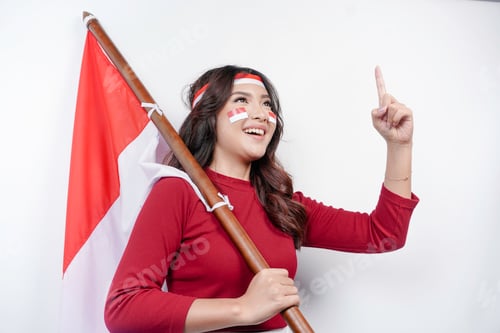 Preview: Smiling Woman Holding Red and White Flag