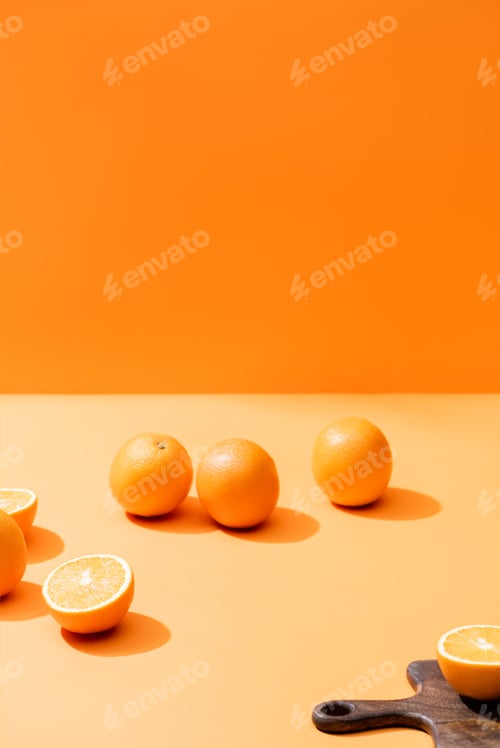 Preview: ripe fresh oranges and wooden cutting board isolated on orange
