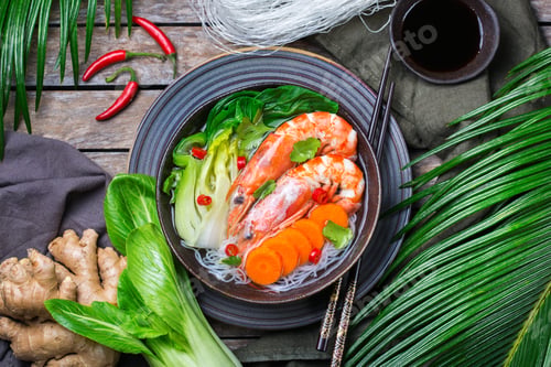 Preview: Asian bee hoon, bihun soup with shrimp, prawn, rice noodles