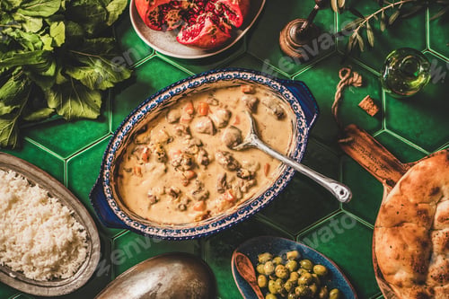 Preview: Flat-lay of Turkish stewed lamb in yogurt sauce, pilav, vegetables