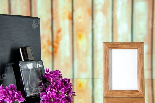 Preview: front view black expensive fragnance with picture frame on light background flower present love