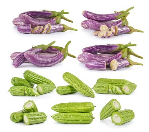 Preview: Bitter melon and eggplant isolated on white background