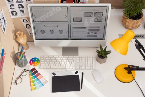 Preview: Creative Designer Workspace with Computer and Tools
