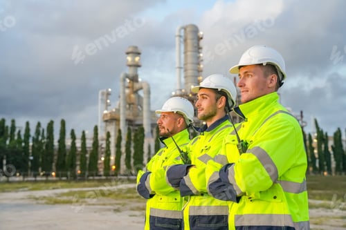 Preview: Refinery industry engineer are working and discussing at front oil and gas industrial factory,