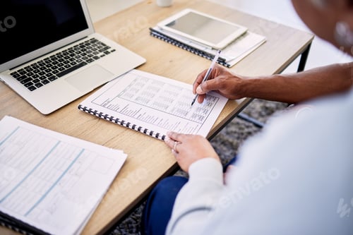 Preview: Couple, tax documents and hands with writing, financial review and planning for budget in home. Peo