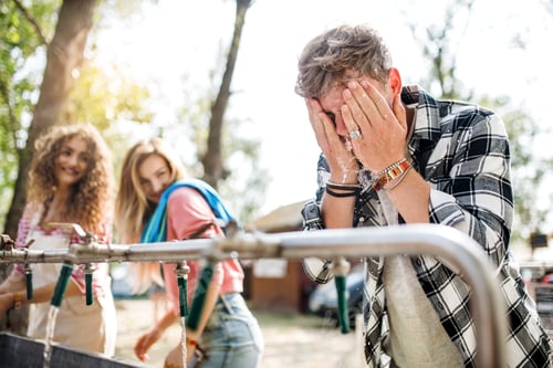 Preview: Group of young friends at summer festival, washing in the morning