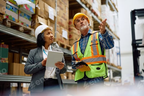 Preview: Senior worker communicating with female manager in distribution warehouse.