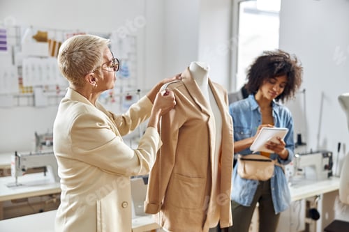 Preview: Professional dressmaker works with jaket model while African-American student makes notes in
