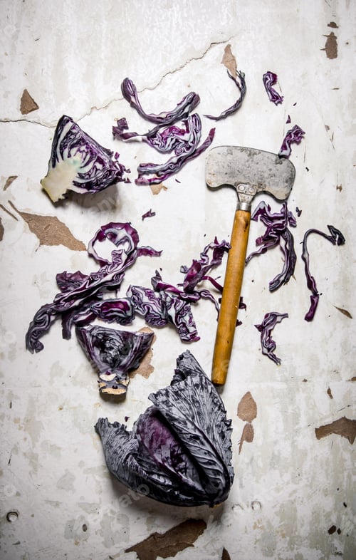 Preview: fresh cabbage with a hatchet.