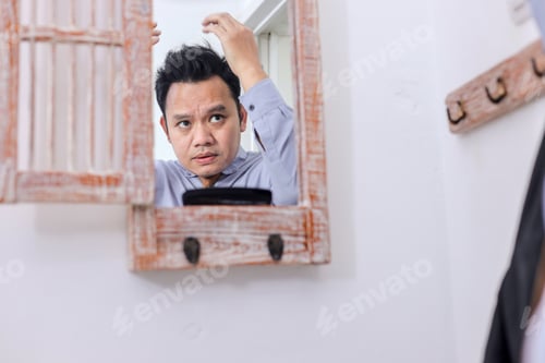 Preview: Adult Man Looking in Mirror at Home