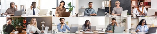 Preview: Multiethnic people different ages using laptop, modern collage, panorama