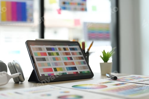 Preview: Creative designer workspace with digital tablet, color swatch samples and stationery on wooden table