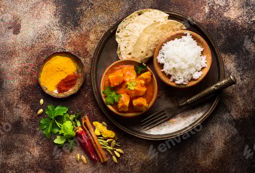 Preview: Indian meat dish with rice and naan bread. Chicken tikka masala spicy.