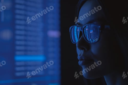 Preview: The young business woman in the dark space.