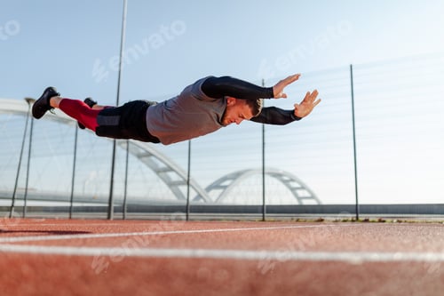 Preview: Attractive muscular man doing push-ups outdoors. Push-ups with the fly. Lower angle shoot.
