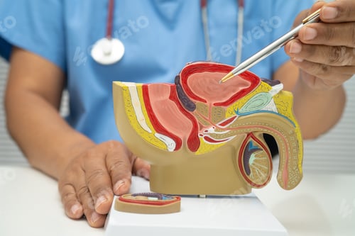 Preview: Male reproductive system, Asian doctor holding human anatomy model