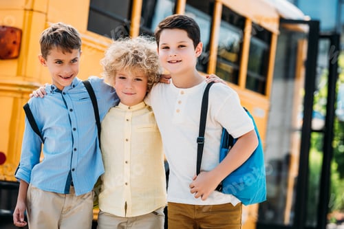 Preview: adorable little schoolboys embracing in front of school bus and looking at camera