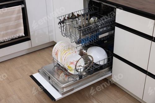 Preview: Open modern dishwasher with dirty tableware in kitchen