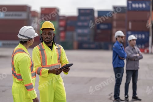 Preview: Two workers in reflective suits walk through a container yard, overseeing logistics