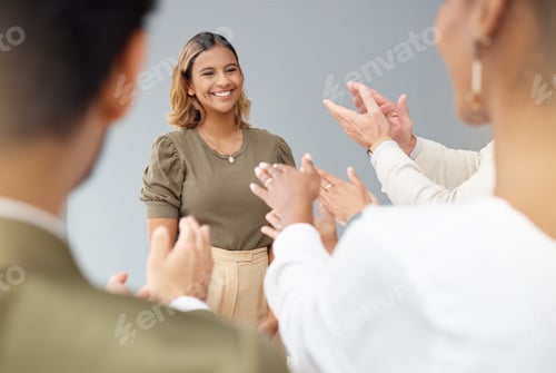 Preview: Team applause, business woman and success of leader or winner achievement, growth or motivation. Ha