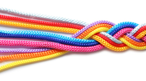 Preview: Braided colorful ropes on white background. Unity concept