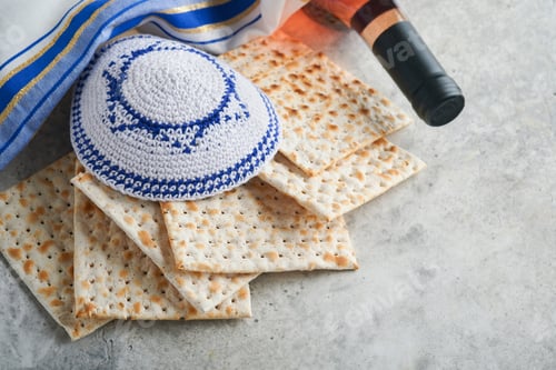 Preview: Passover celebration concept. Matzah, red kosher and walnut. Traditional ritual Jewish bread matzah,