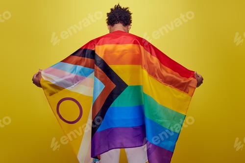 Preview: back view of african american guy holding rainbow lgbt flag on yellow background, pride month