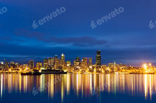 Preview: Skyline by night, Puget Sound, Seattle, USA