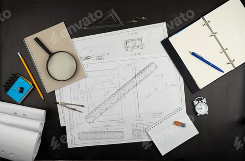 Preview: Sketching supplies. Work desk for architect, designer, engineer. Ruler pencil, notepad magnifying