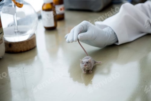 Preview: Germany, Research laboratory, Young scientist holding laboratory mouse after treatment