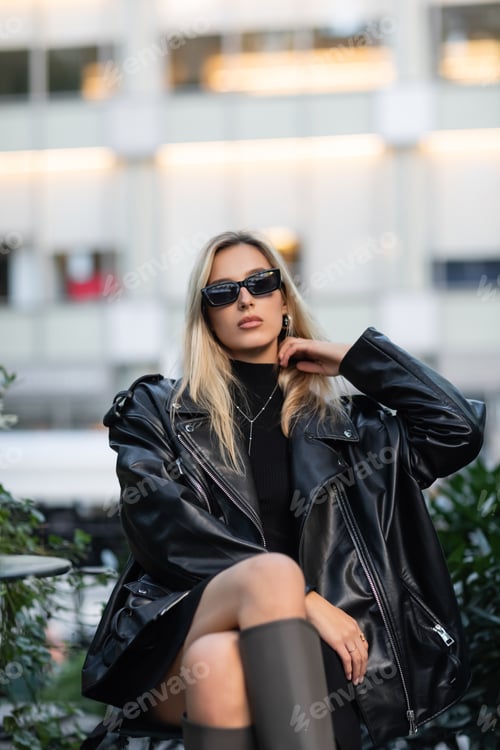 Preview: young blonde woman in black leather jacket and trendy sunglasses sitting in outdoor cafe
