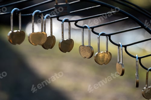 Preview: Locks of love adorn a metal railing by a scenic waterfront location in daylight